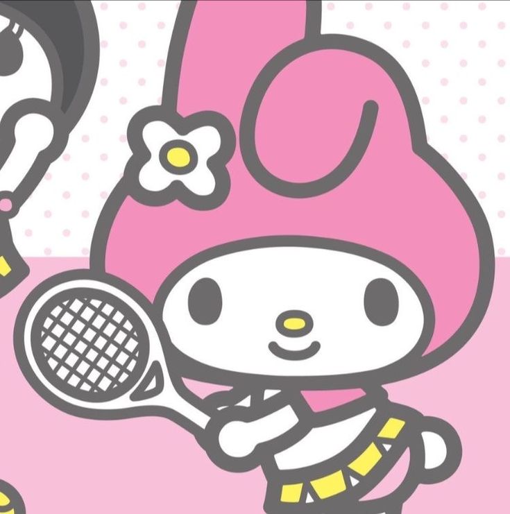 a hello kitty holding a tennis racquet in front of a pink and white background