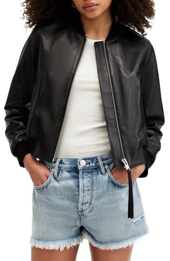 Smooth leather instantly refines the look of this tried-and-true bomber jacket. 19" length (size 2UK) Front zip closure Blade collar Front welt pockets Lined Leather Professional leather clean Imported Allsaints Leather Biker Jacket With Zipper Closure, Allsaints Long Sleeve Outerwear With Zipper, Allsaints Leather Outerwear With Zipper Closure, Allsaints Long Sleeve Biker Jacket With Zipper, Allsaints Fitted Leather Biker Jacket, Allsaints Winter Outerwear With Zipper Closure, Fitted Allsaints Leather Biker Jacket, Allsaints Leather Jacket For Spring Workwear, Allsaints Black Leather Jacket Long Sleeve