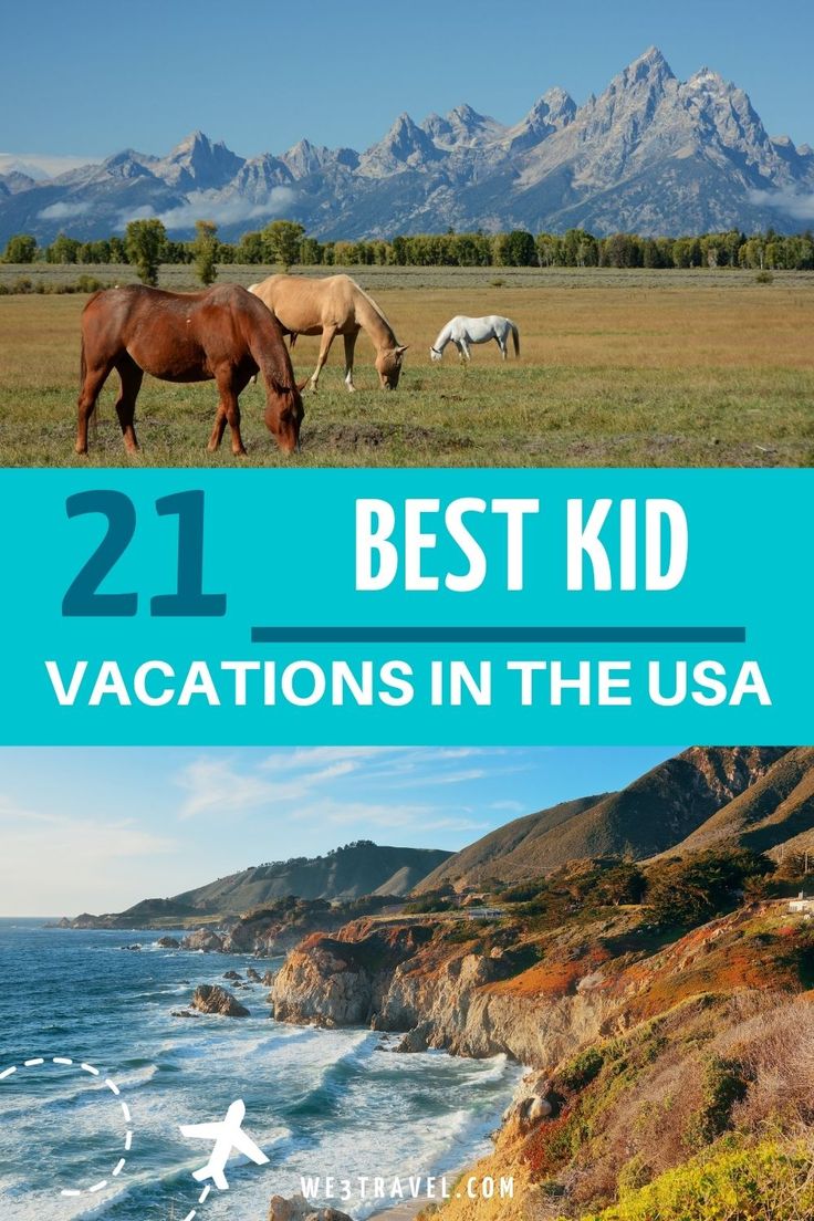 two horses grazing on grass next to the ocean and mountains with text overlay that reads 21 best kid vacations in the usa