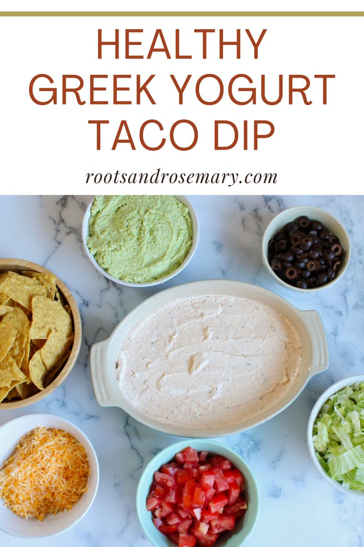 A casserole dish filled with seasoned Greek yogurt, surrounded by bowls of tomatoes, lettuce, cheese, olives, and chips High Protein Taco Dip, Yogurt Cream Cheese, Taco Dip Easy, Greek Yogurt Dip, Greek Yogurt Dips, Tortilla Chip, Daily Protein, Healthy Greek Yogurt, Olive Relish