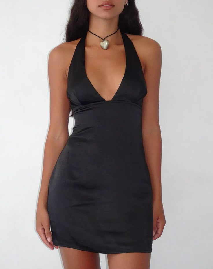 Dress for any occasion with the Coda slip dress. In a satin black, it features an a-line mini sleeveless fit with with plunge halter neckline and open back. Black Slip Dress, Black Satin Dress, Party Dress Long Sleeve, Bandeau Dress, Black Women Fashion, Halterneck Dress, Hoco Dresses, Body Con Skirt, Party Dress Long