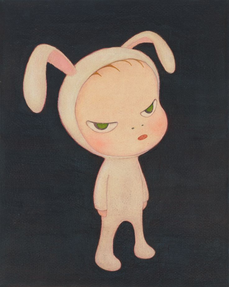 a drawing of a rabbit with green eyes and ears, standing in the dark looking at something