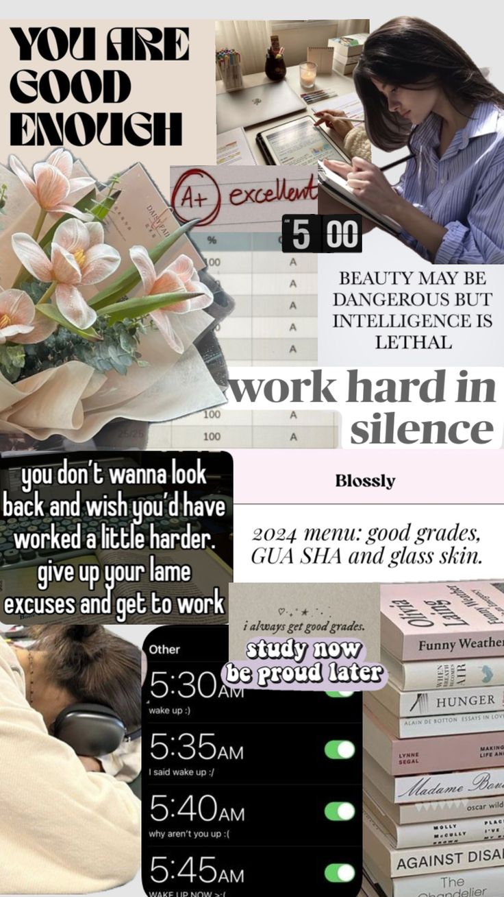 a collage of photos with words and pictures on them, including an image of a woman sitting at a desk