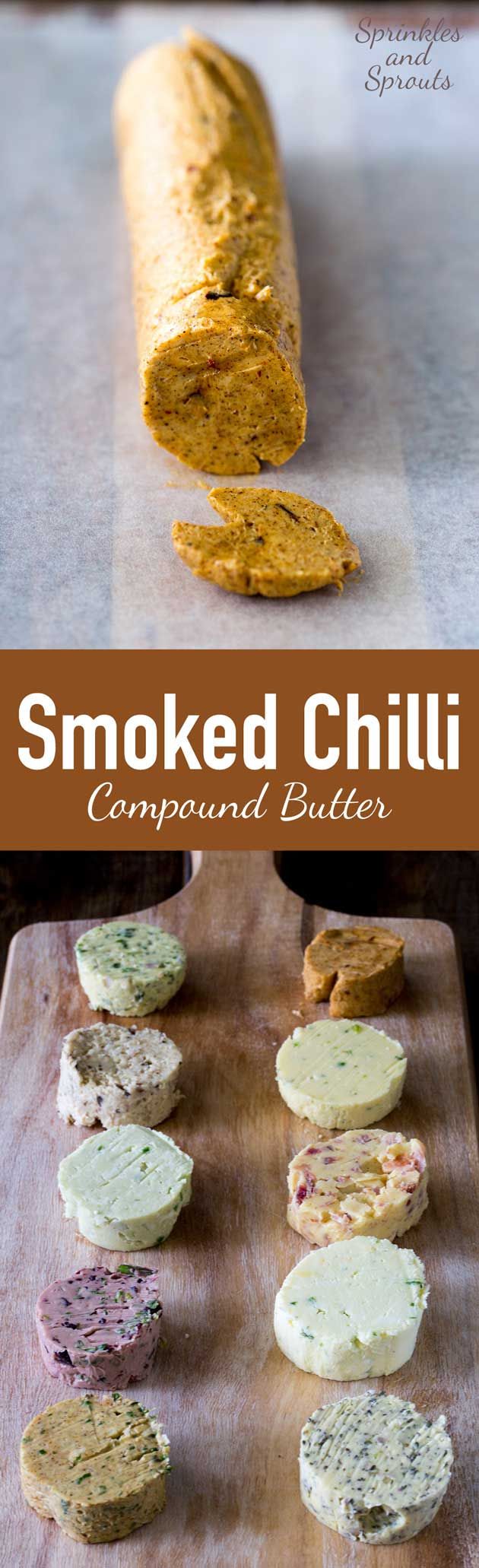 some food is laying out on a wooden board with the words smoked chili compound butter