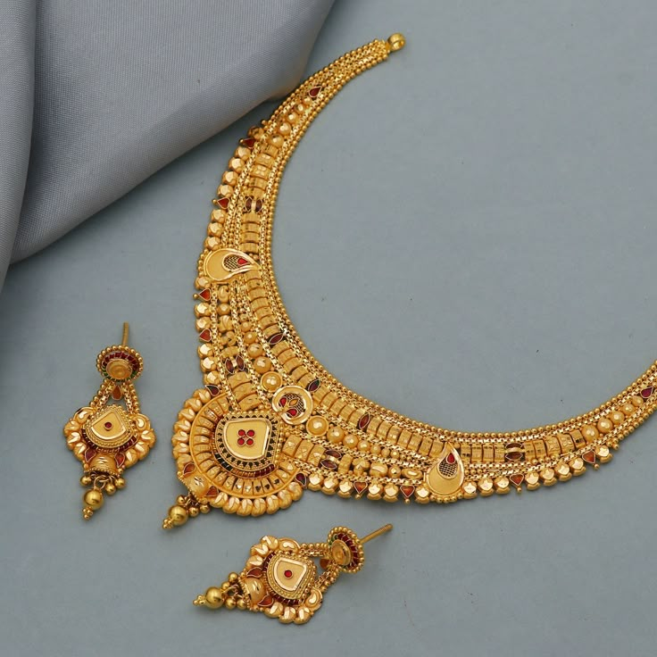 Discover the allure of Handmade Gold Jewelry at https://morvijewels.etsy.com/   Get a dazzling 25% off on all our 22k and 18k gold pieces. Don't miss out on this limited-time offer. Shop now and embrace the radiance of gold! Beautiful yellow gold handmade necklace earrings set Metal - Yellow Gold Gold Purity- 22 karat yellow Gold Set Weight - 34.59 grams approx Length - Necklace 12.3 cm, Earrings 4.4 cm approx Width - Necklace 5.4 cm, Earrings 2.6 cm approx Only earrings weight - 9.35 grams approx The earrings comes with normal backs, if you want real gold screw please contact                                                  Click to see more https://www.etsy.com/in-en/shop/morvijewels?ref=seller-platform-mcnav minimalist, eternity, infinity, karma, cabochon, statement, chunky, ethnic, bij Gold Sets Jewelry Indian Design, Gold Set Design, Gold Handmade Necklace, Handmade Gold Necklace, Necklace Set Gold, 22k Gold Necklace, Gold Earrings Models, Modern Gold Jewelry, Handmade Gold Jewellery