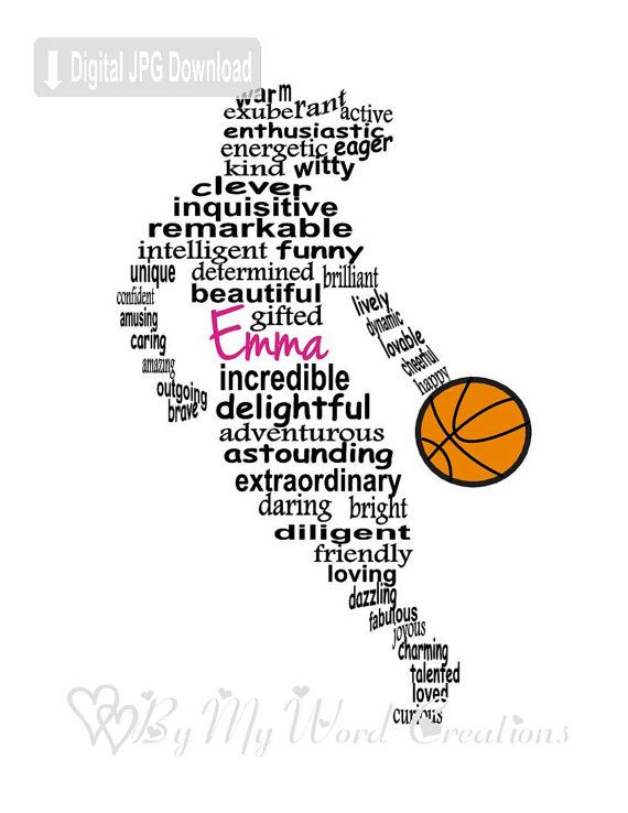 a basketball player is shown with words in the shape of his name, and an orange ball