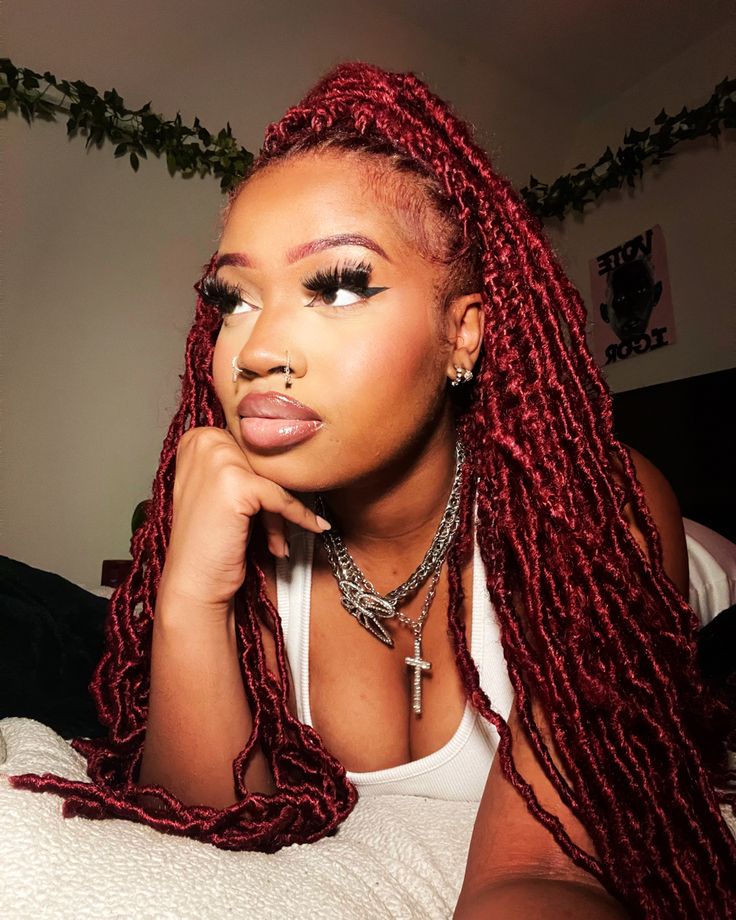 black girl red locs #locstyles #locs #blackhairstyles Red Boho Locs Black Women, Black Cherry Locs, Maroon Faux Locs, Maroon Locs Black Women, Dark Red Faux Locs, Burgundy Faux Locs Black Women, Red Faux Locs Black Women, Red Boho Locs, Soft Locs Red