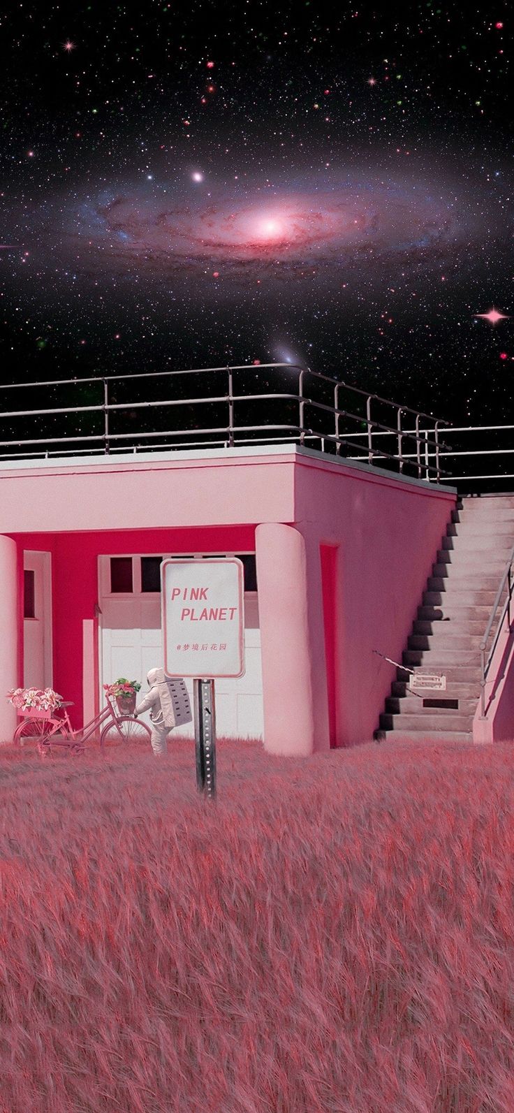 a pink building in the middle of a field with stairs leading up to it and a red sky filled with stars