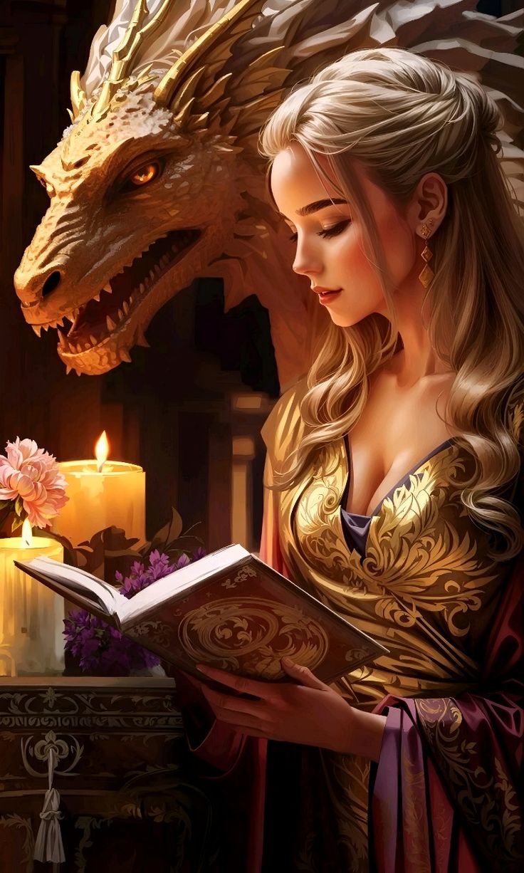 a woman reading a book next to a dragon