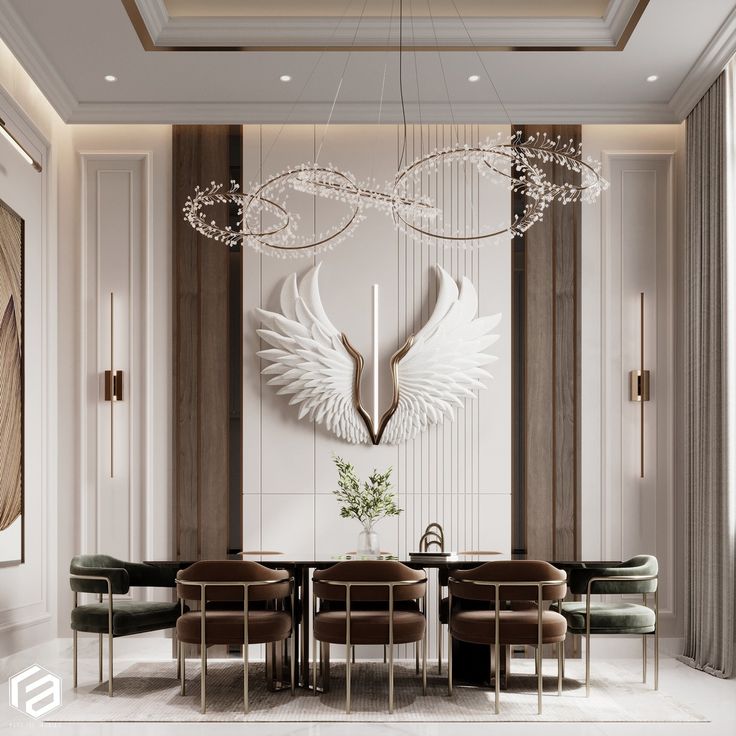 an elegant dining room with chandelier and art deco decor on the wall behind it