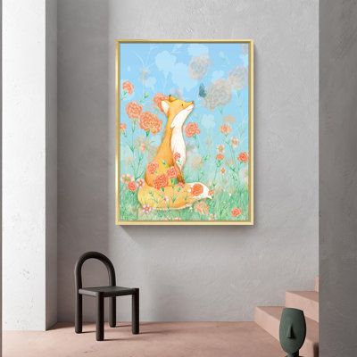 a painting hanging on the wall above a chair in a room with grey walls and flooring