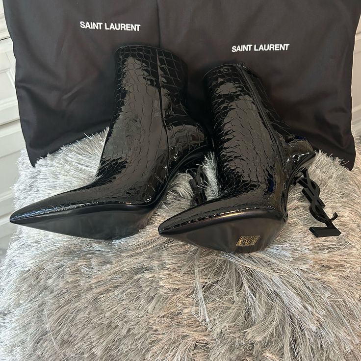 New Ysl Black Opyum Croc Boots Size 38+ Includes Box And Dust Bag Designer Patent Leather Boots With Pointed Toe, Designer Heeled Boots With Square Toe, Designer Patent Leather Pointed Toe Boots, Ysl Sparkle Boots, Ysl Justify Boots, Ysl Boots, Ysl Fur Heels, Saint Laurent Boots, Crocs Boots