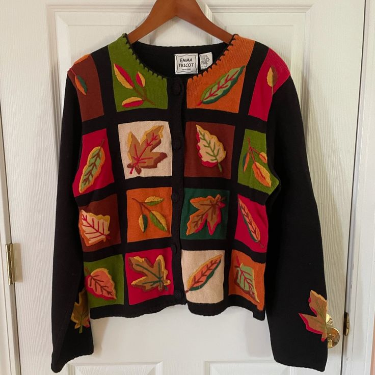 Beautiful Embroidered Cardigan Sweater, In Bright Colors No Tags, But Never Worn See Photos For Detail On The Sweater, As Well As For Measurements Sewn In Shoulder Pads Smoke Free Home Cool Cardigans, Trendy Embroidered Fall Cardigan, Handmade Colorful Fall Cardigan, Red Embroidered Fall Cardigan, Playful Knitted Fall Cardigan, Fall Vintage Embroidered Cardigan, Halloween Cardigan, Embroidered Cardigan, Autumn Clothes