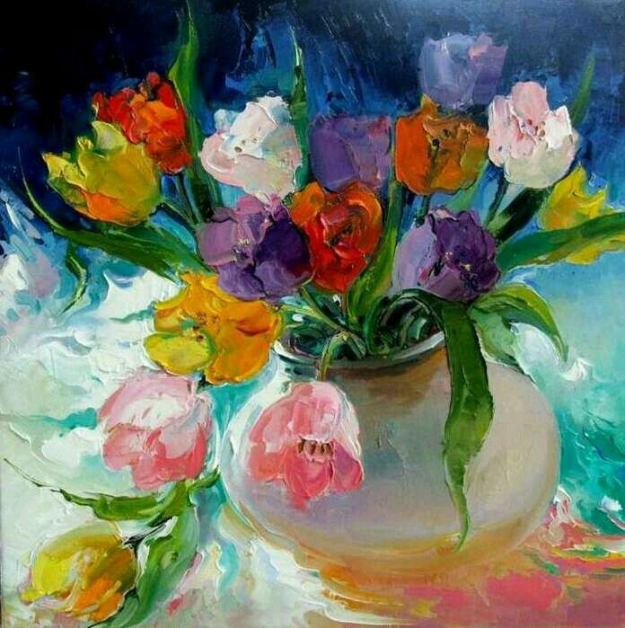 a painting of flowers in a vase on a table