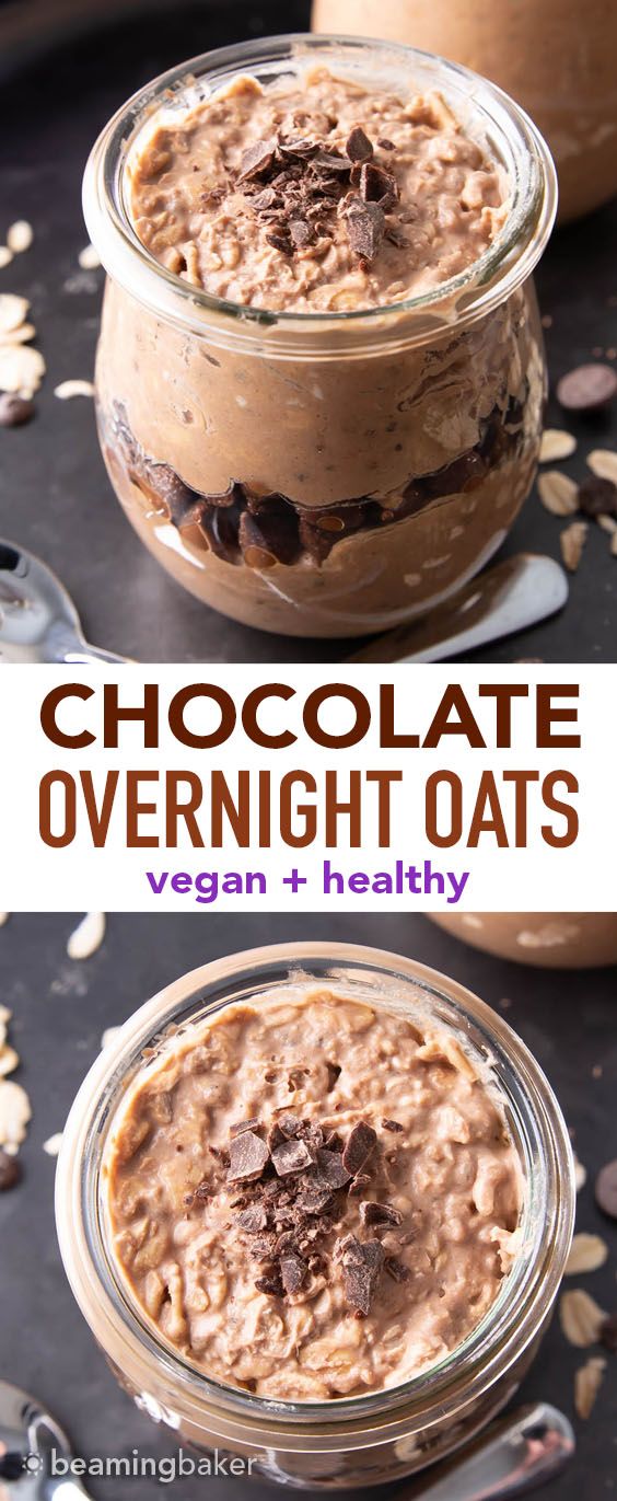 chocolate overnight oats in a glass jar with spoons on the side and text overlay that reads, chocolate overnight oats vegan + healthy