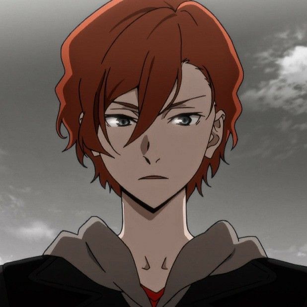 an anime character with red hair staring at the camera