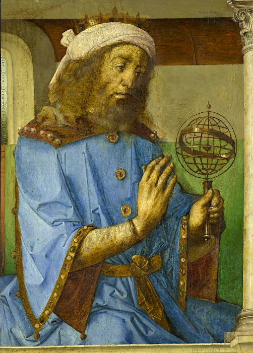 an old painting of a man holding a globe in his right hand and wearing a blue outfit