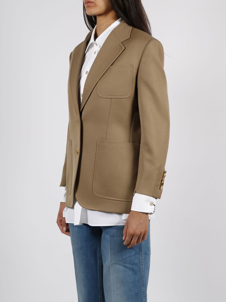 Horsebit Wool Jacket Gucci Brown Outerwear With Pockets, Chic Gucci Notch Lapel Blazer, Brown Gucci Outerwear With Pockets, Chic Gucci Blazer With Notch Lapel, Gucci Notch Lapel Blazer With Hidden Button, Gucci Blazer With Notch Lapel And Hidden Button Closure, Gucci Tailored Winter Blazer, Gucci Tailored Blazer For Winter, Gucci Tailored Luxury Blazer