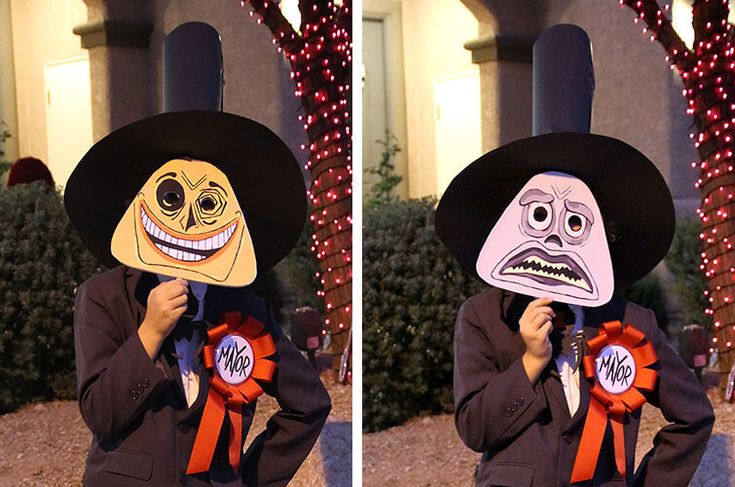 two pictures of a person wearing a hat and holding a mask with an angry face on it