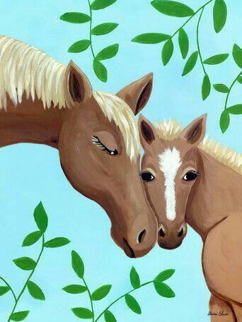 two brown horses standing next to each other on a blue sky background with green leaves