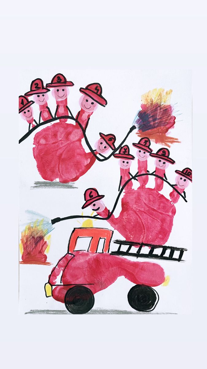 a child's drawing of a firetruck with people riding on the back