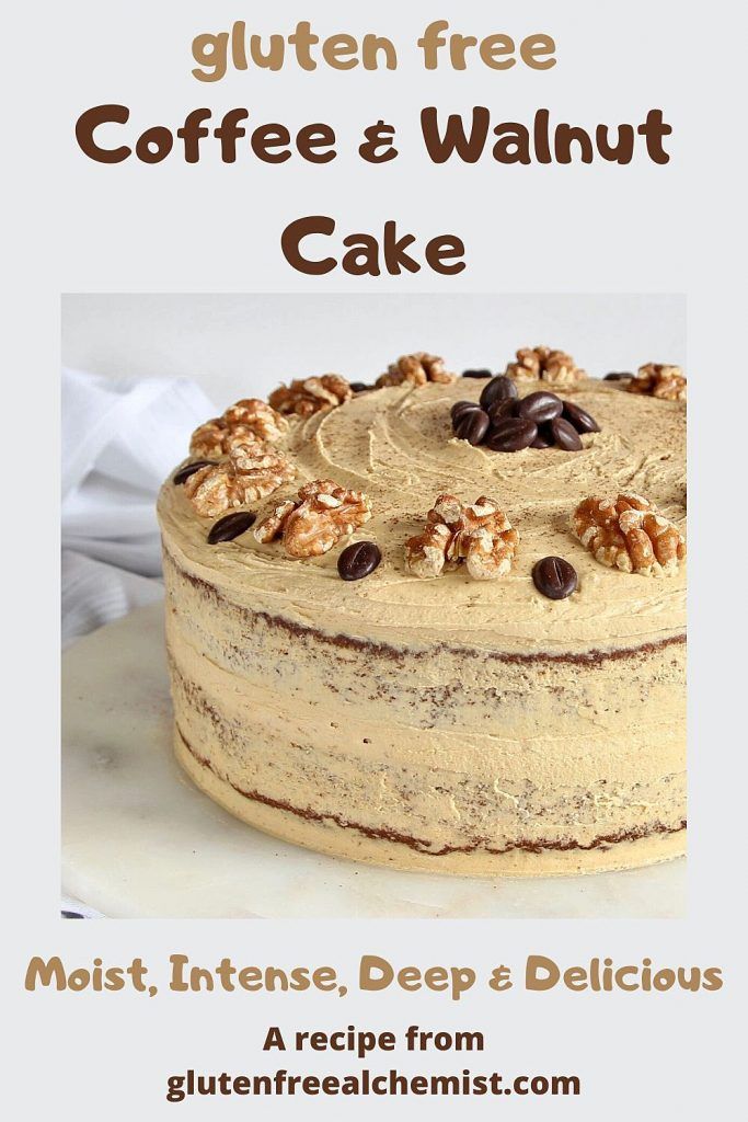 a coffee and walnut cake with the title gluten free coffee and walnut cake