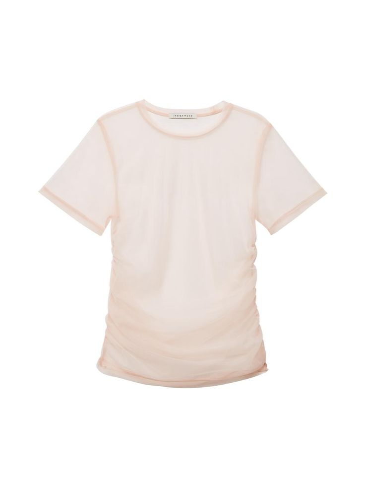 This is a casual and trendy top by INSTANTFUNK that is made out of high quality and sturdy material. With distinctive mood of the design and comfortable wear, you can style it for your casual summer outfit.- Unique mesh shirring detail- Standard silhouette and round neckline- Trendy and unique mood Fitted Pink T-shirt For Summer, Feminine Relaxed Fit T-shirt For Spring, Stretch Crew Neck Short Sleeve Top For Summer, Short Sleeve Ruched Blouse, Casual Pink Mesh Top, Chic Fitted Pink T-shirt, Trendy Stretch Ruched T-shirt, Pink Fitted Top With Short Sleeves, Pink Fitted Short Sleeve Top