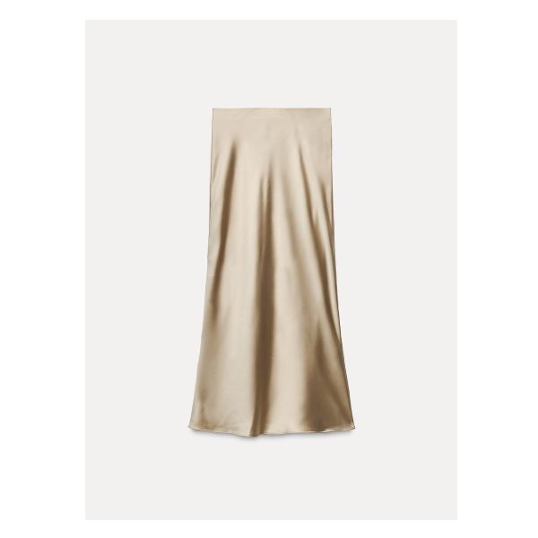 Midi skirt with elastic waistband. Satin effect fabric. Beige Satin Skirt, Midi Satin Skirt, Gonna Midi, Rok Midi, Skirt With Elastic Waistband, Waistcoat Dress, Cardigan Sweater Vest, Satin Midi Skirt, Fashion Wishlist