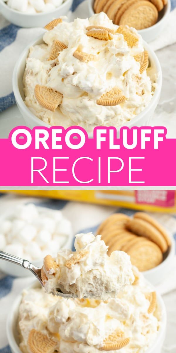 oreo fluff recipe with cookies and marshmallows in white bowls on a blue and white checkered tablecloth