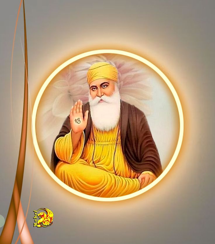 an old man with a white beard and yellow turban sitting in a circle