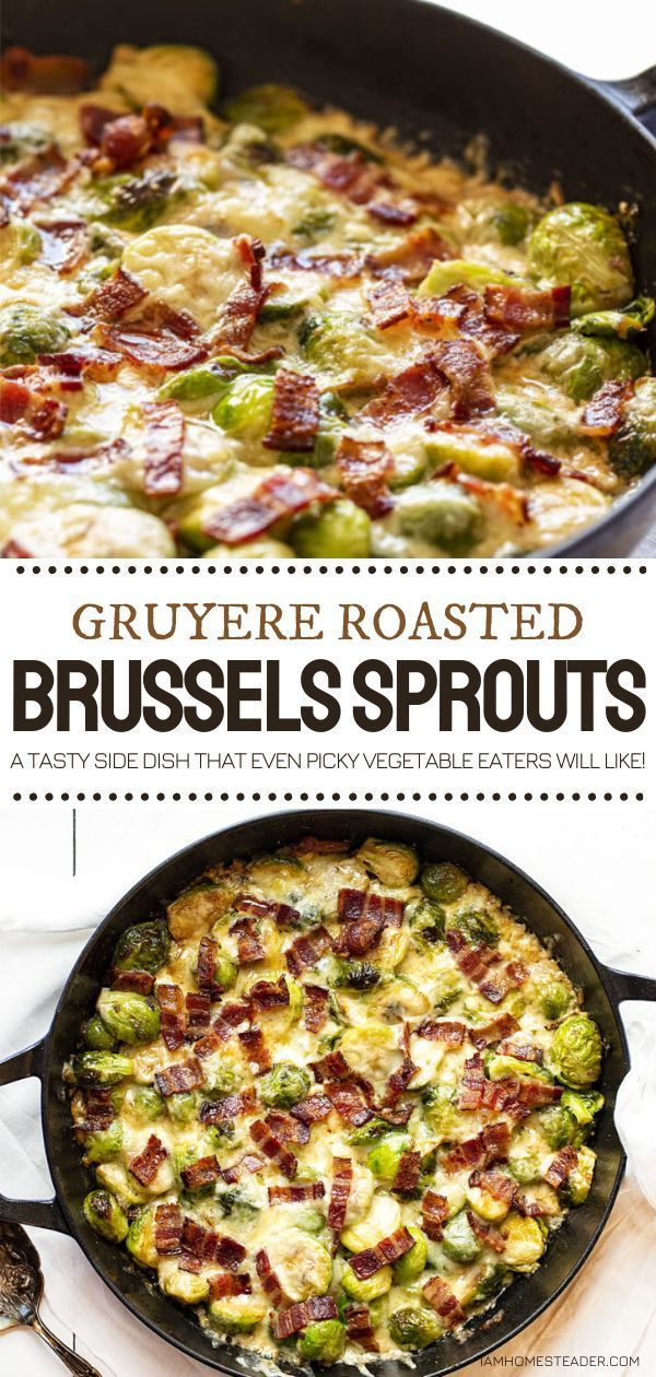 brussel sprouts in a cast iron skillet with bacon on top