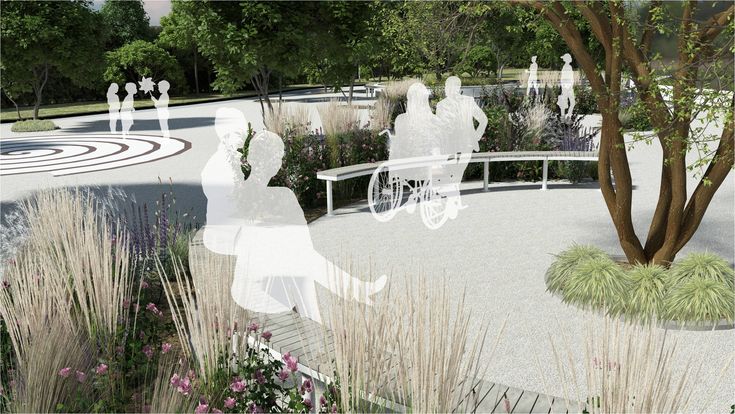 an artist's rendering of people sitting on benches in a park with flowers and trees