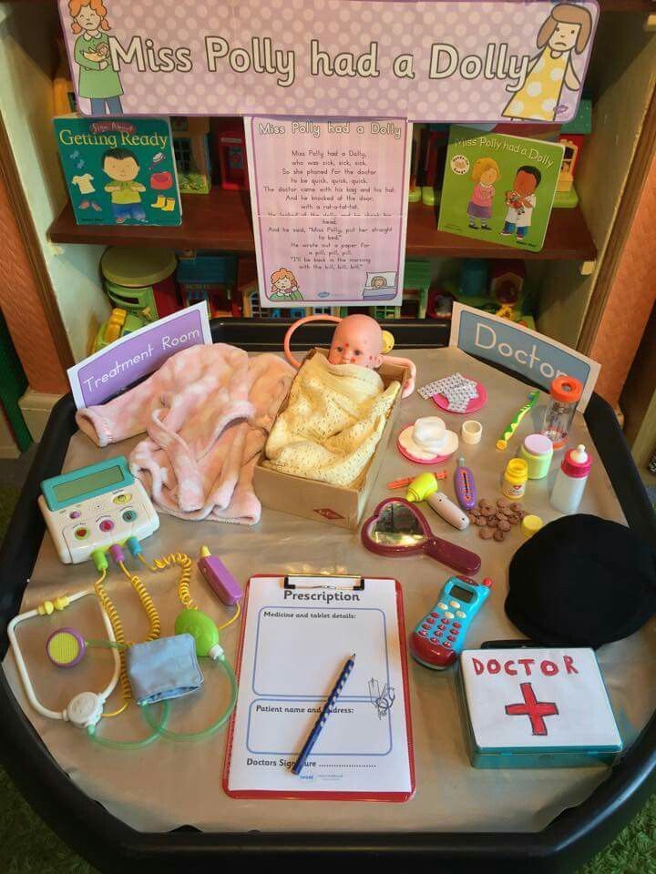 a baby's diaper and toys on a table in front of a sign that says, miss polly had a doll