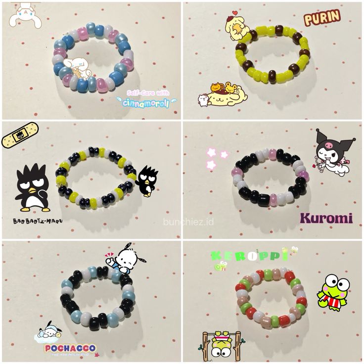 four different bracelets with cartoon characters on them