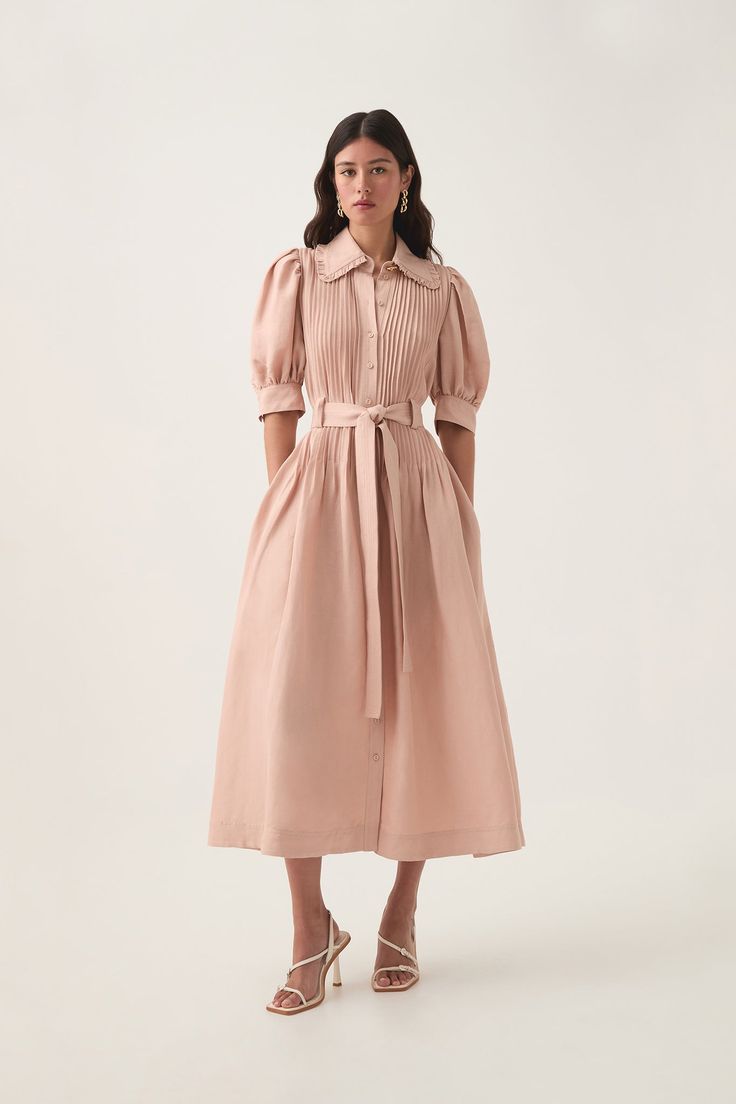 Madeleine Belted Midi Dress | Blush Pink | Aje – Aje ROW Elegant Button-up Dress With Cuffed Sleeves, Semi-formal Button-up Dress With Button Cuffs, Classic Midi Dress With Placket For Daywear, Elegant Spring Shirt Dress With Belted Cuffs, Elegant Knee-length Shirt Dress With Cuffed Sleeves, Elegant Midi Shirt Dress With Pleated Sleeves, Feminine Midi Length Puff Sleeve Dress For Formal Occasions, Feminine Puff Sleeve Midi Dress For Formal Occasions, Feminine Formal Puff Sleeve Midi Dress