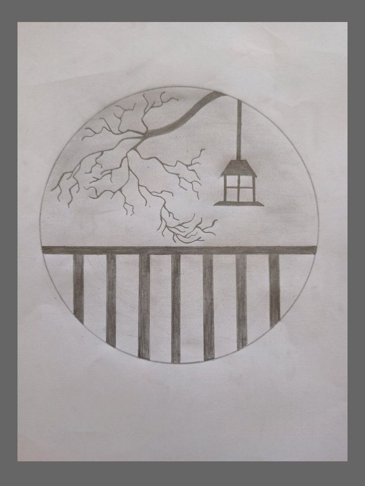 a drawing of a tree with a birdhouse in the distance on top of a fence