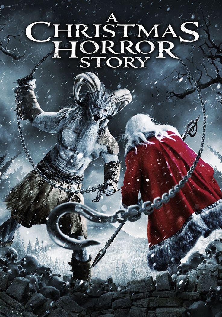 a christmas horror story movie poster with two men in chains and an evil looking demon