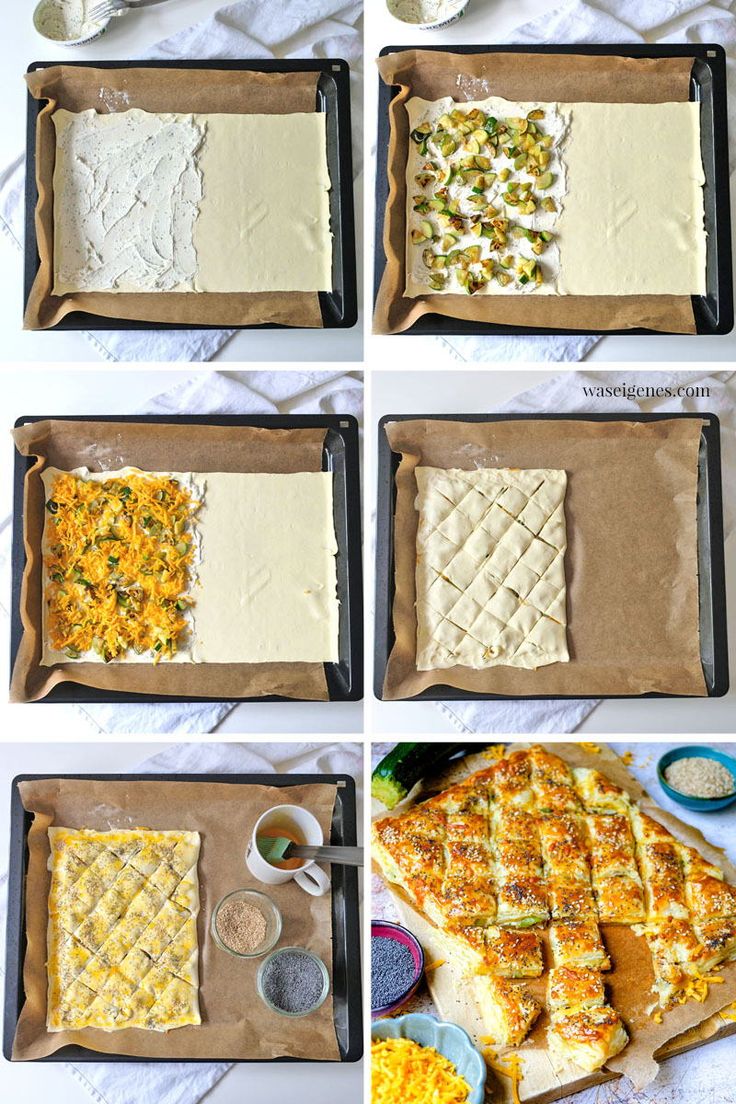 four pictures showing how to make an enchilada with cheese and sauces