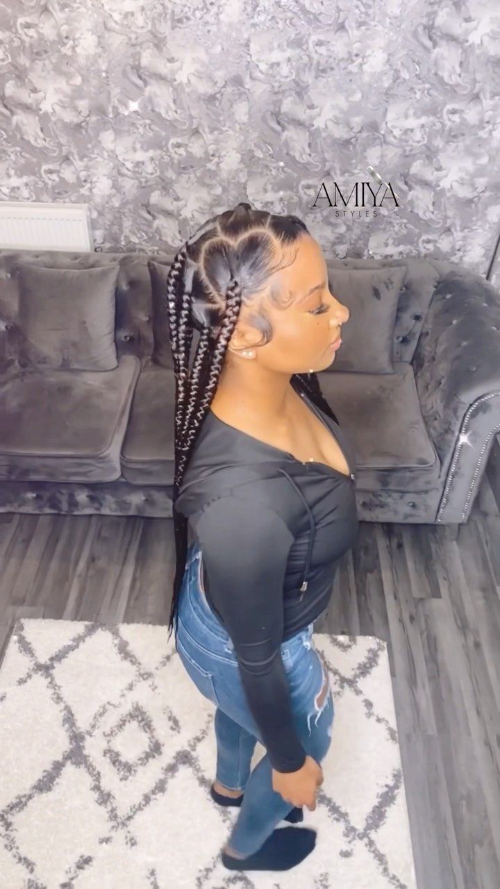 Large Knotless Braids With Heart Part, Large Knotless Braids Hairstyles With Heart, Large Knotless Box Braids With Heart, Jumbo Knotless Box Braids With Heart, Jumbo Knotless With Heart, Braid With Heart, Heart Hairstyles, Braids With Heart, Heart Braids