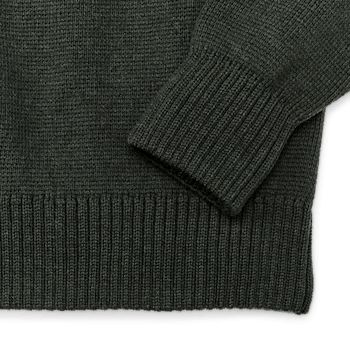 Made in the USA, the Filson Crewneck Guide sets the standard for what a sweater should be–non-bulky, with density that makes it exceptionally warm and durable. With ample stretch and outstanding breathability, this sweater would be unnoticeable to wear if not for its exceptional warmth. The rib-knit collar, cuffs and hem ensure a custom fit and retain their shape year after year. The USA-sourced wool comes from merino sheep prized for their long, fine fleece. Merino wool's wavy crimp yields a soft and sturdy fabric with natural memory and shape retention. Merino wool fibers consist of thousands of tiny filaments sheathed within overlapping scales that are naturally water-resistant, and any moisture that does penetrate the fiber is wicked to the tips for evaporation. This capillary action i Funnel Neck Sweater With Ribbed Cuffs For Cold Weather, Wool Crew Sweater With Ribbed Cuffs, Cashmere Sweater With Ribbed Cuffs For Cold Weather, Merino Wool Sweater With Funnel Neck And Ribbed Collar, Merino Wool Sweater With Ribbed Funnel Neck, Classic Sweater With Funnel Neck And Ribbed Cuffs, Classic Funnel Neck Sweater With Ribbed Cuffs, Classic Funnel Neck Sweater, Fitted V-neck Sweater With Ribbed Cuffs For Winter