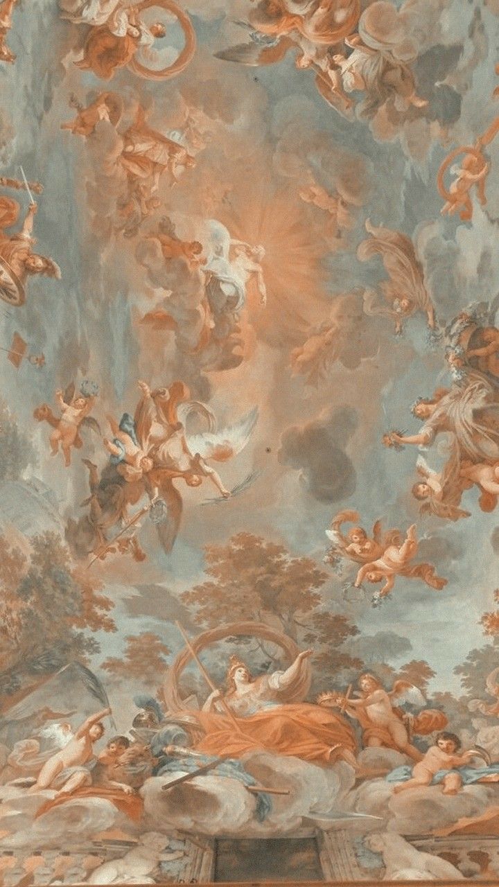 an ornate painting on the ceiling in a room