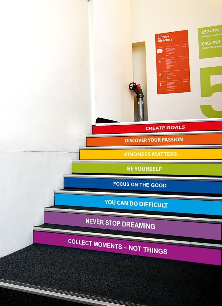 there is a stair case with many different colors on the steps and numbers painted on it