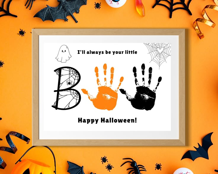 an image of halloween greetings with handprints and bats on orange background surrounded by decorations