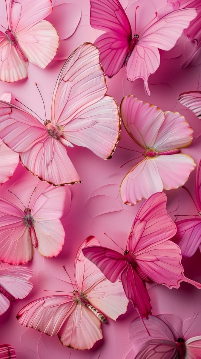 many pink butterflies are flying in the air with their wings spread wide open and there is no image to describe