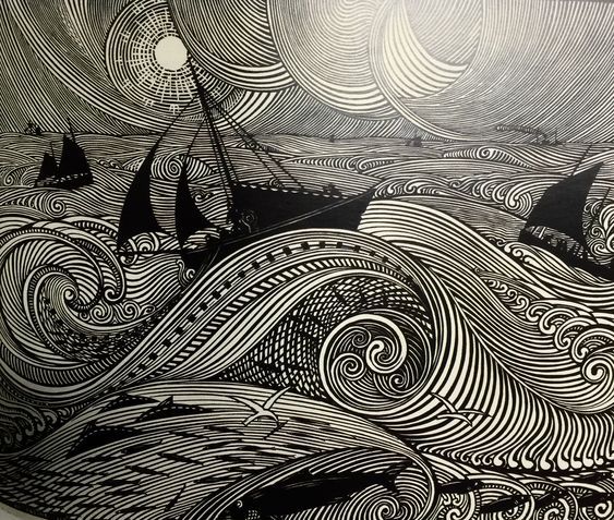 a black and white drawing of two ships in the ocean with swirls on them