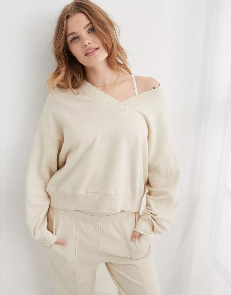 Aerie House Party Sweatshirt V-neck Sweatshirt With Ribbed Cuffs For Loungewear, Cozy Oversized V-neck Sweatshirt, Oversized V-neck Cozy Sweatshirt, Cozy V-neck Sweatshirt For Loungewear, Cozy V-neck Sweater With Ribbed Cuffs For Spring, V-neck Cotton Sweatshirt With Ribbed Cuffs, Cotton V-neck Sweatshirt With Ribbed Cuffs, Trendy V-neck Sweatshirt In Relaxed Fit, Oversized V-neck Sweatshirt For Spring