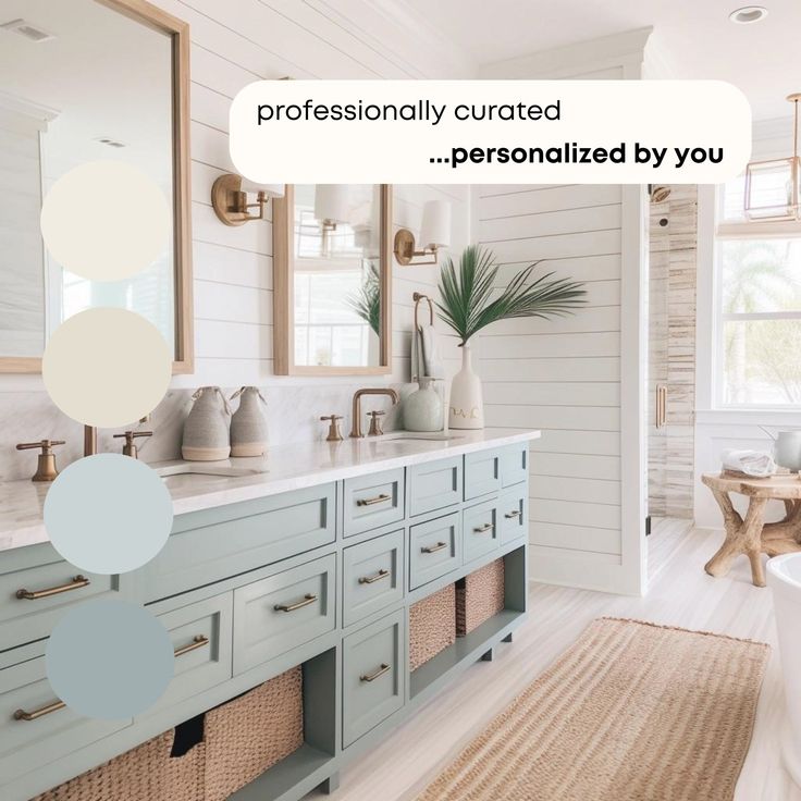 a bathroom with white walls and blue cabinets