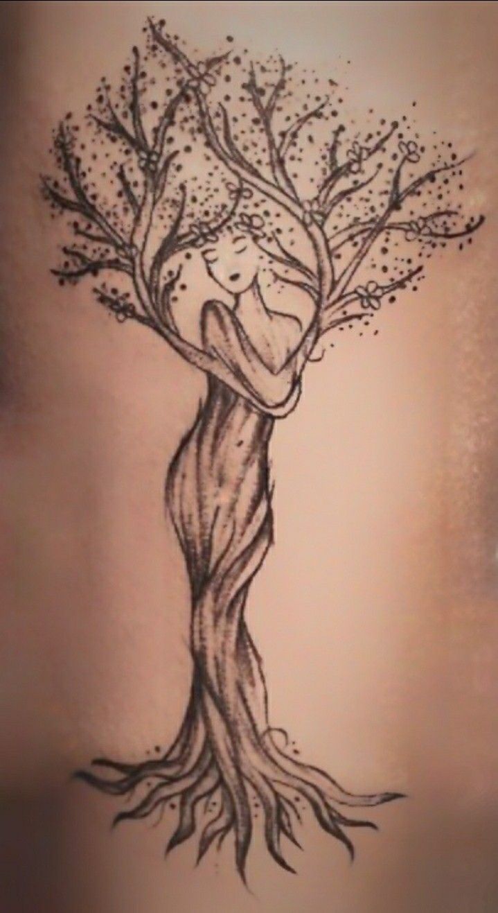 a drawing of a tree with a person hugging it's head on the trunk