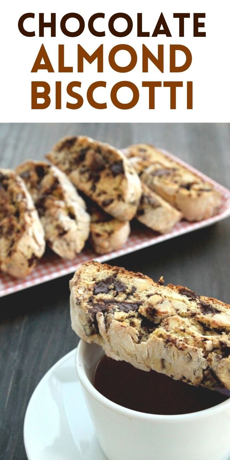 chocolate almond biscotti in a white cup and sauce