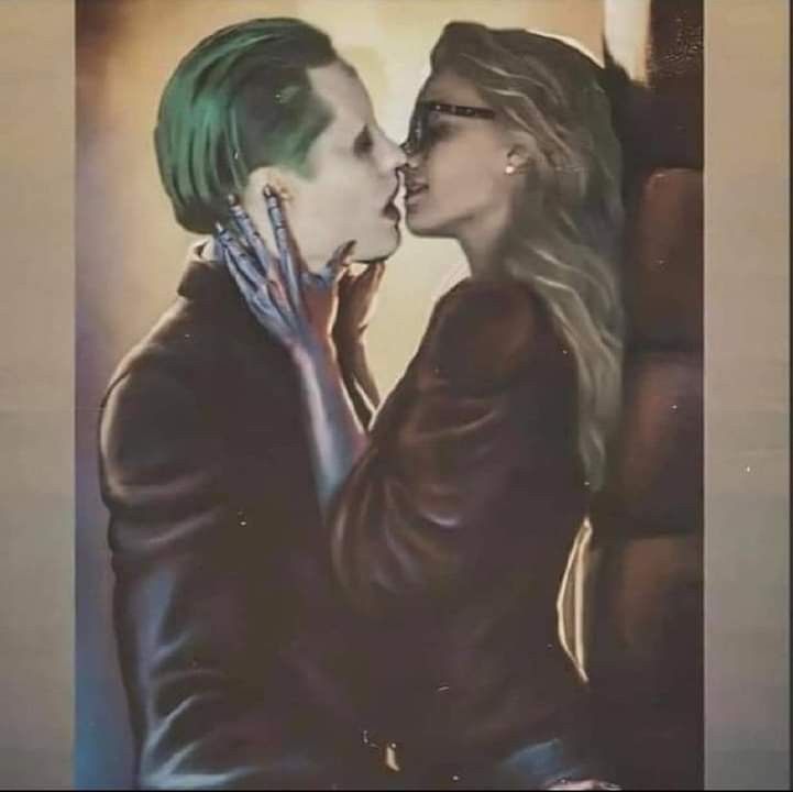 a painting of two people kissing each other with green hair and piercings on their ears